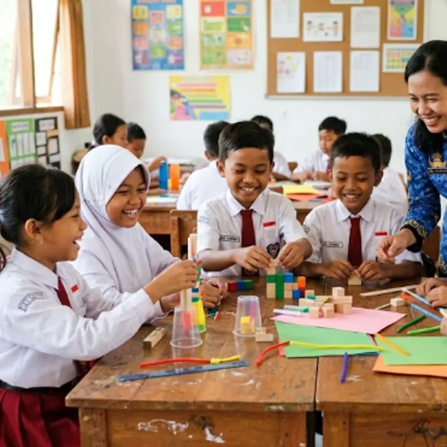 Siswa sekolah dasar mengikuti kegiatan belajar kelompok yang menyenangkan