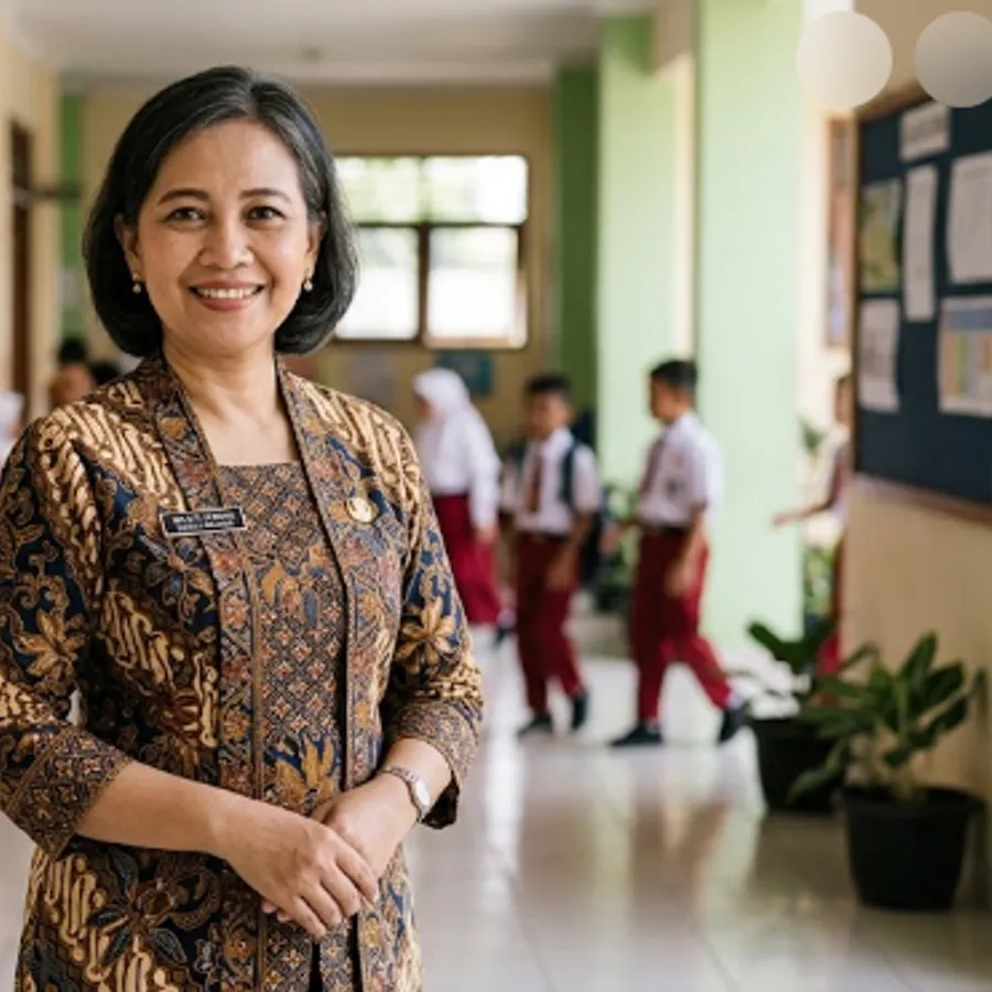 Potret kepala sekolah dasar mengenakan batik di koridor sekolah