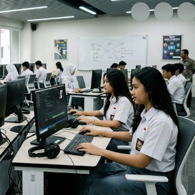 Siswa SMA bekerja dengan komputer di laboratorium multimedia