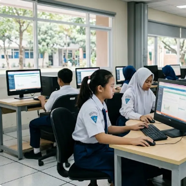 Siswa SMP menggunakan komputer di laboratorium komputer sekolah