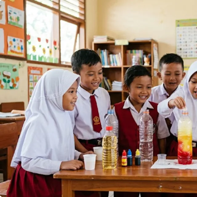 Anak sekolah dasar melakukan percobaan sains sederhana bersama guru