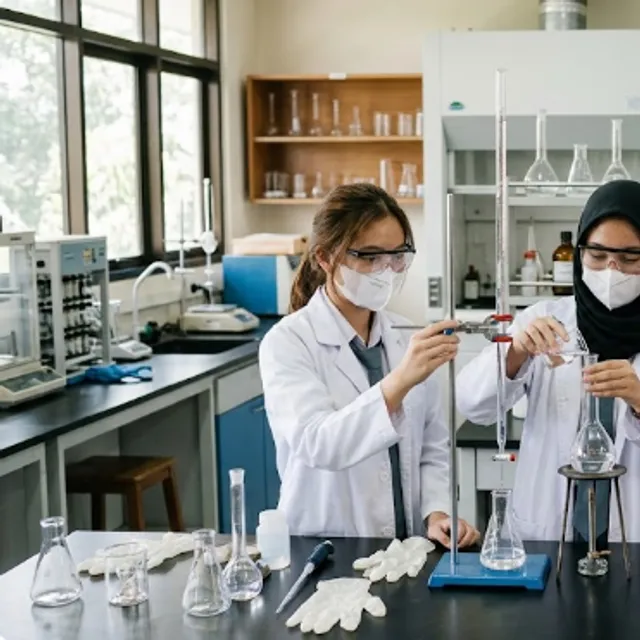 Siswa SMA melakukan percobaan kimia dengan jas lab di laboratorium
