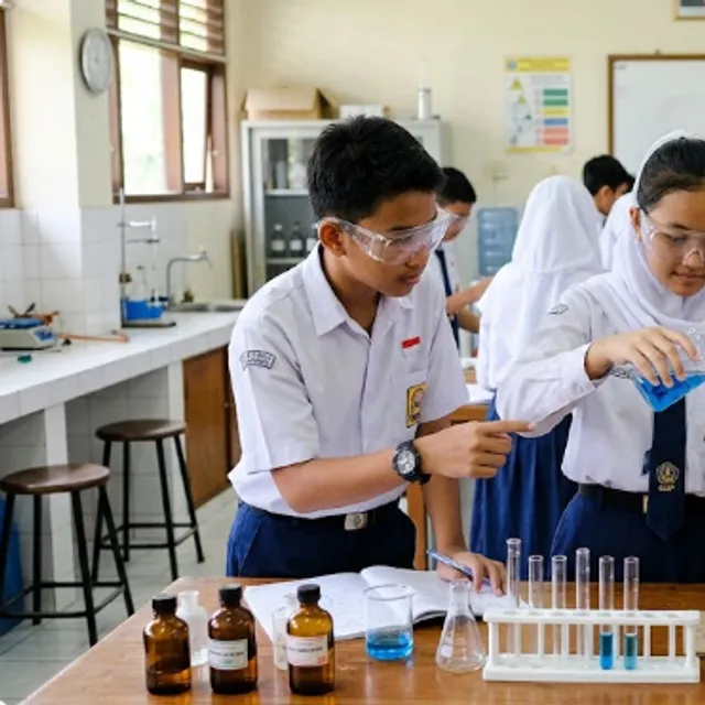 Siswa SMP melakukan percobaan sains dengan kacamata pelindung di laboratorium
