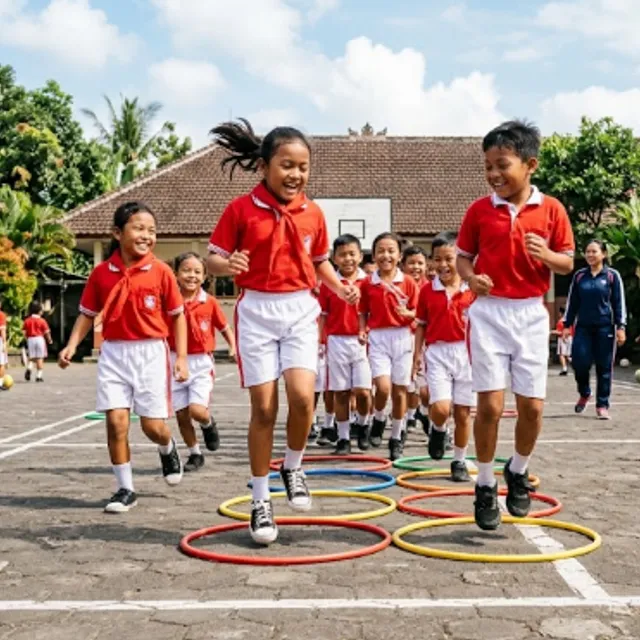 Siswa sekolah dasar berolahraga di lapangan sekolah pada hari cerah