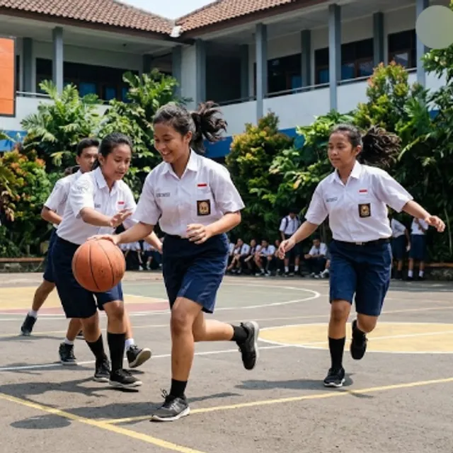 Siswa SMP bermain basket di lapangan sekolah