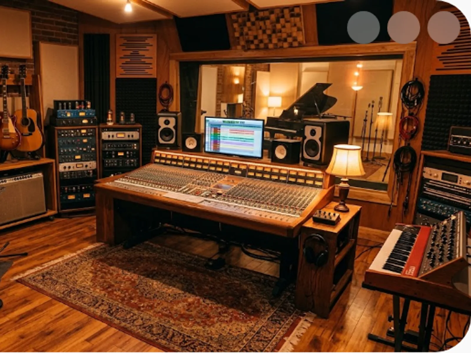 warm recording studio with instruments and a mixing desk