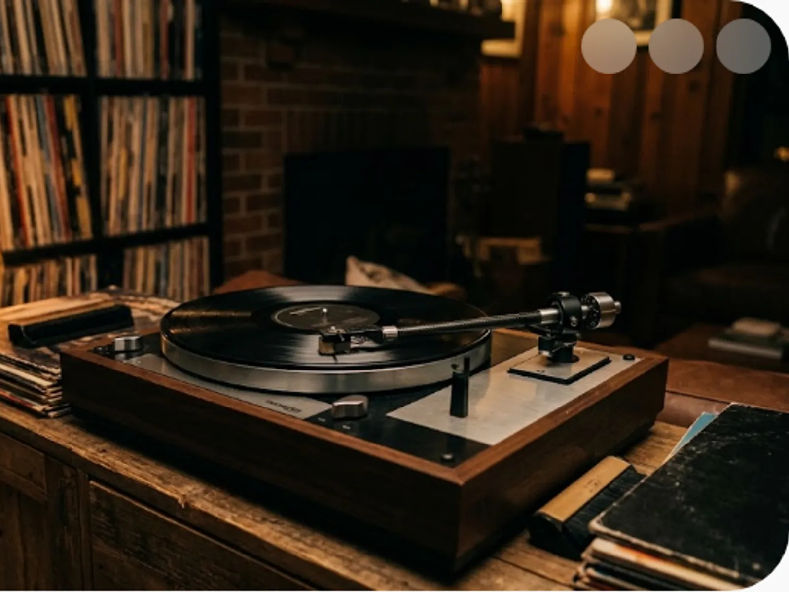 vinyl records and a turntable in moody light