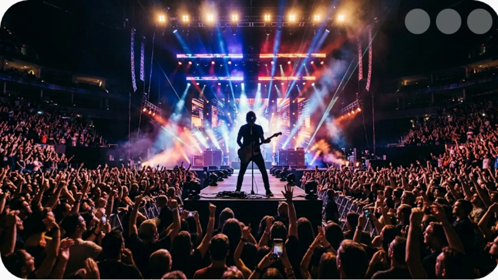 live concert stage with dramatic lighting and a cheering crowd