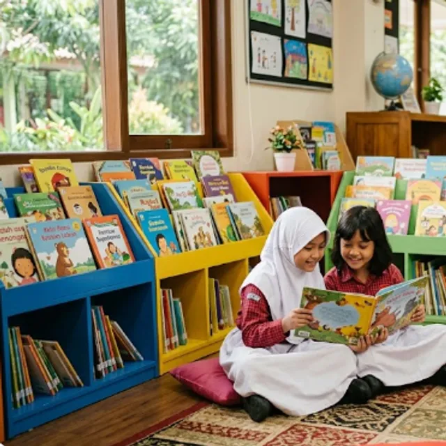 Anak sekolah dasar membaca buku di perpustakaan sekolah yang berwarna-warni