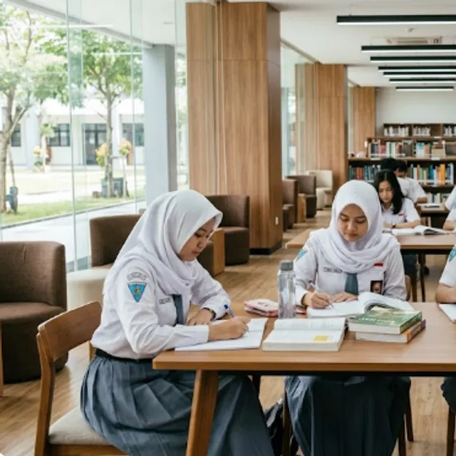 Siswa SMA belajar di perpustakaan sekolah yang luas