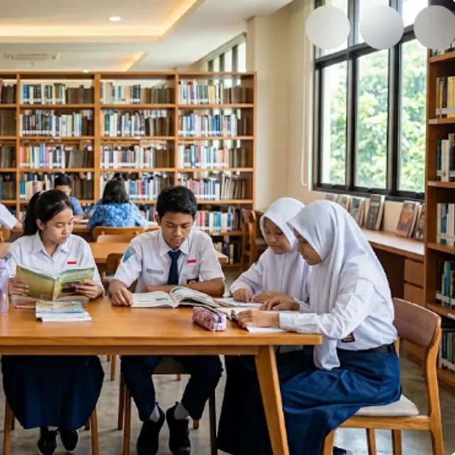 Siswa SMP membaca dan belajar di perpustakaan sekolah yang modern