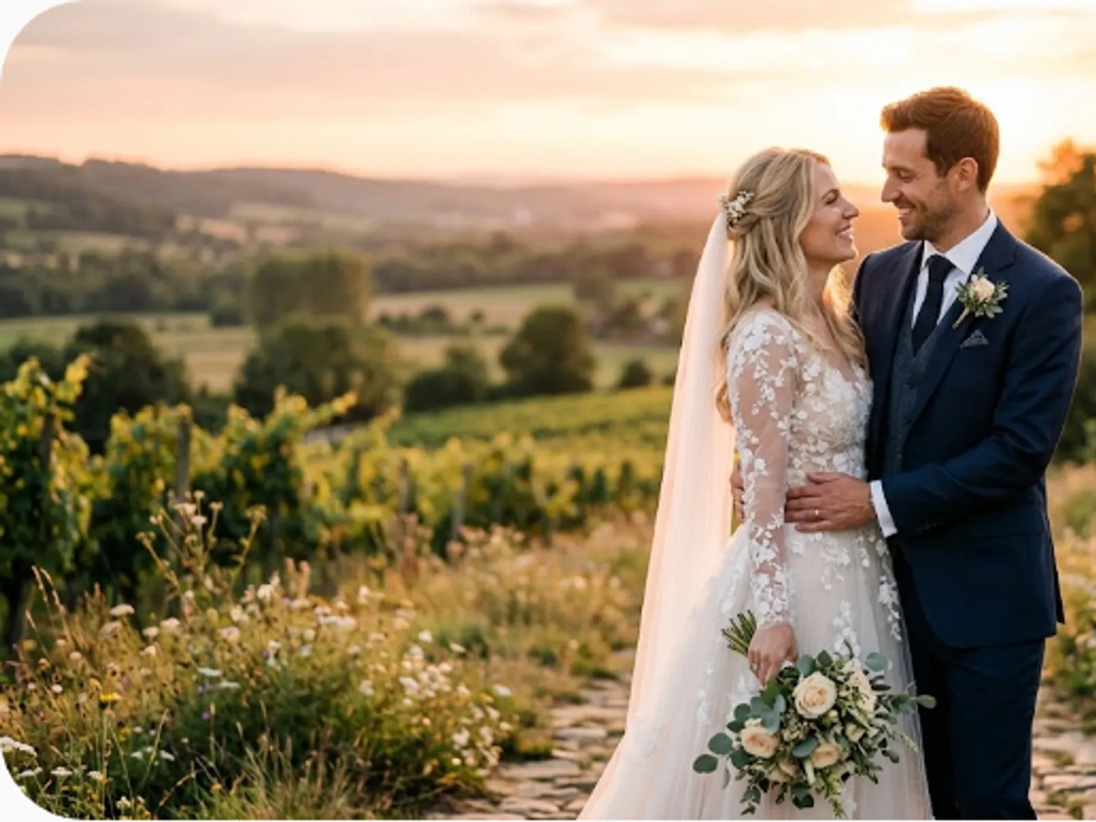 elegant wedding couple portrait at golden hour
