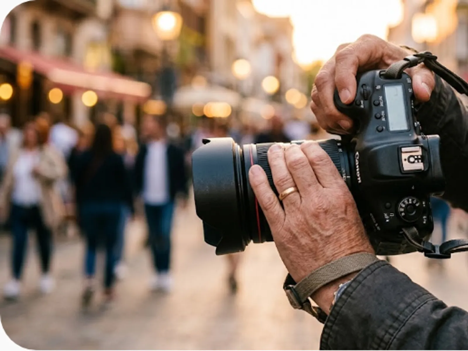 close-up of a photographer holding a professional camera