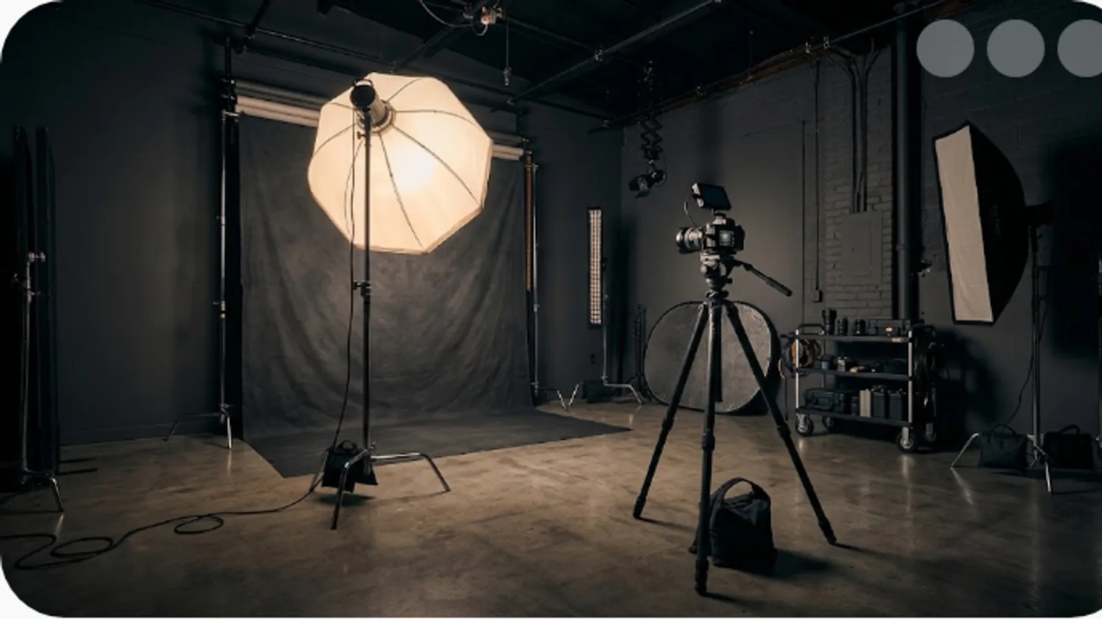 professional photography studio with softbox lighting and a camera