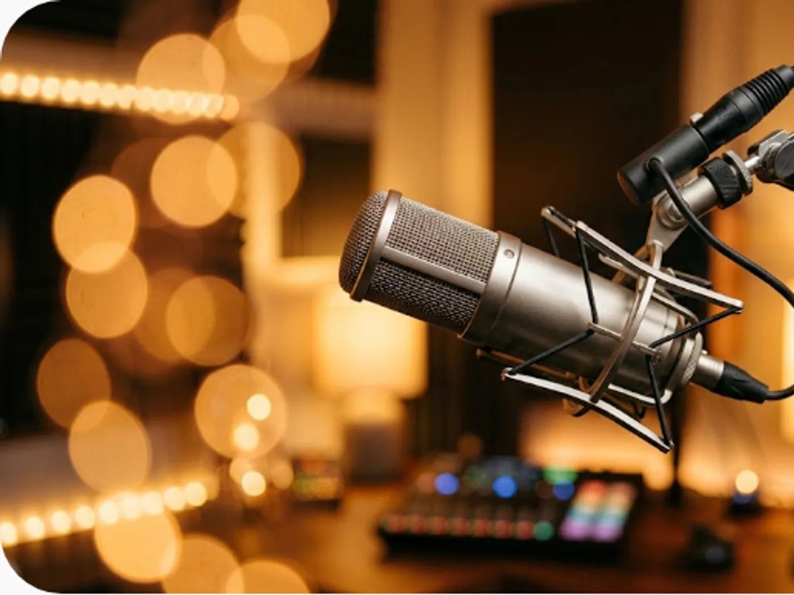 close-up of a condenser podcast microphone with warm bokeh