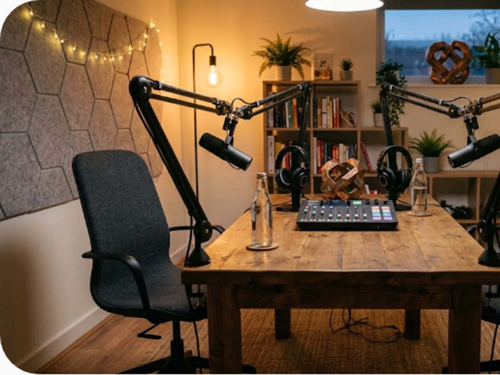podcast recording setup with two chairs and microphones