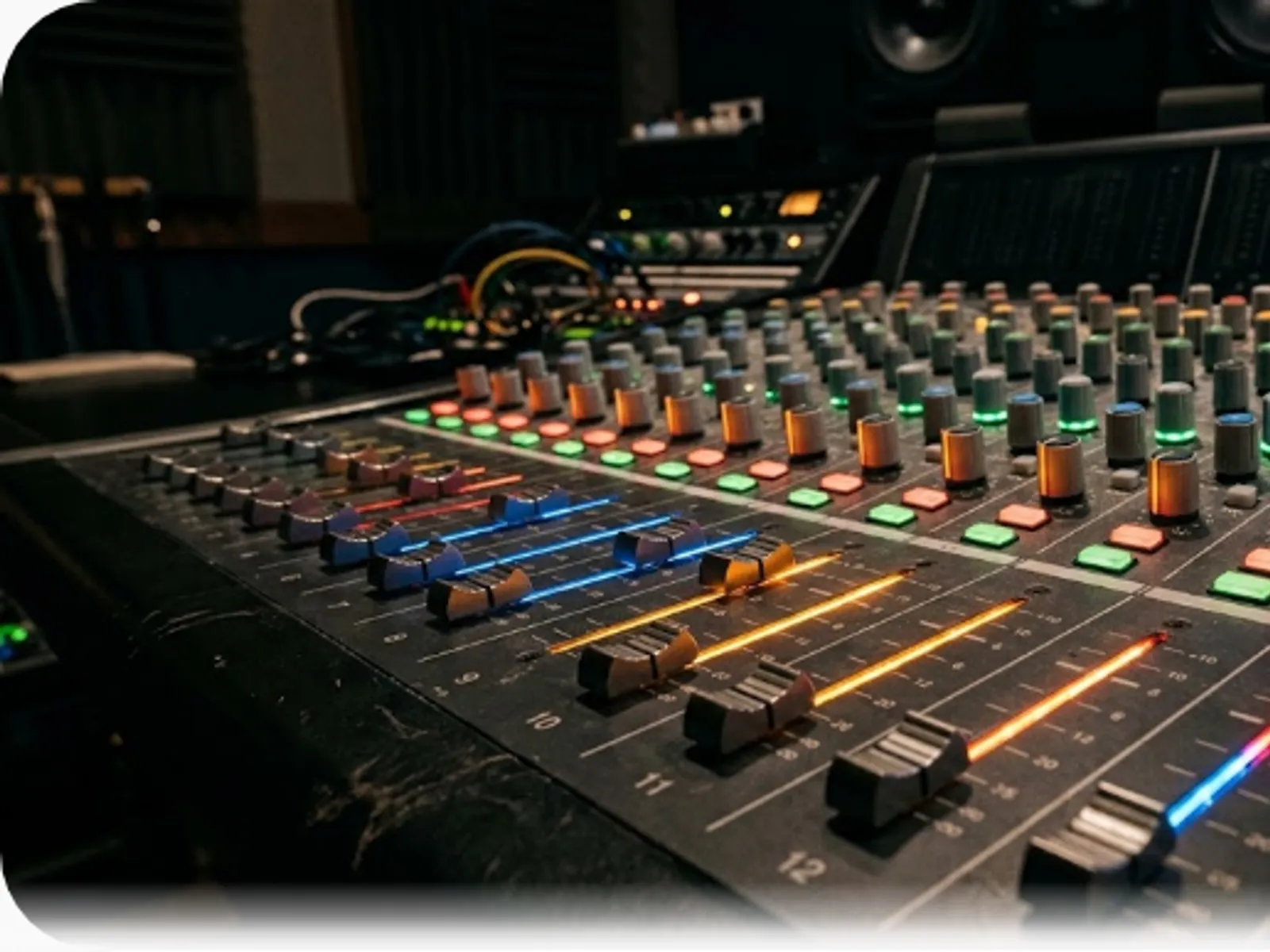 audio mixing console with glowing faders in a studio