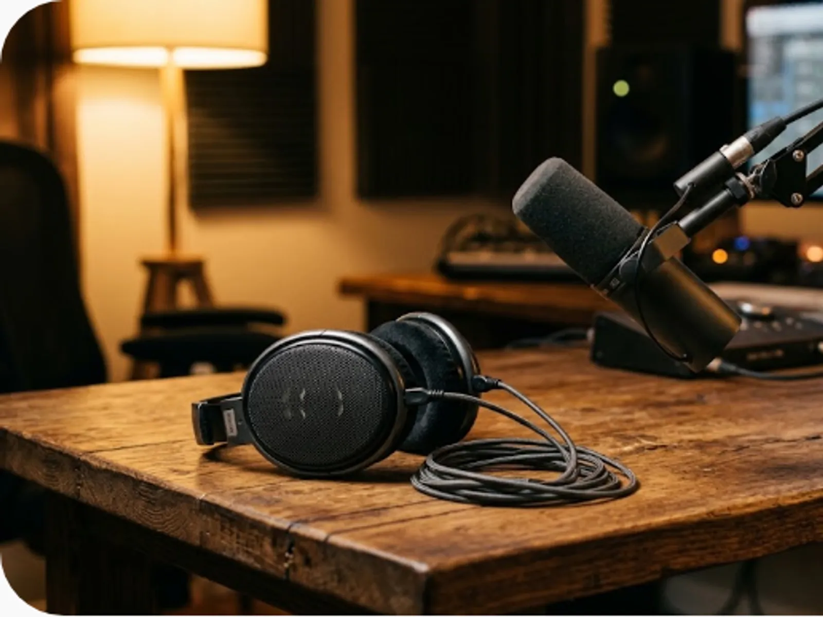 professional headphones on a studio desk beside a microphone