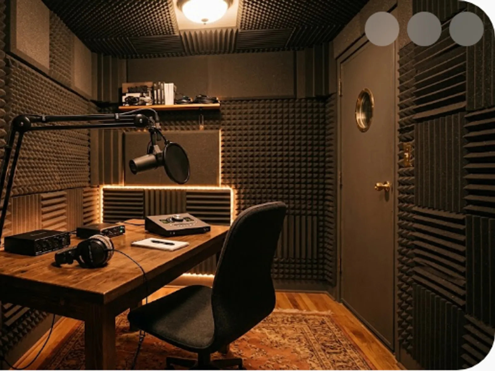 cozy recording booth with acoustic panels and warm light