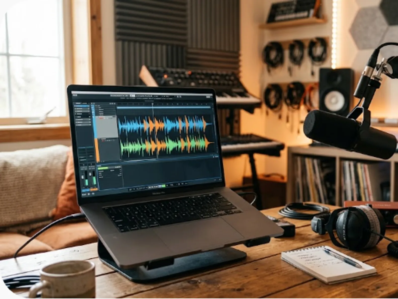 laptop showing an audio waveform beside a microphone