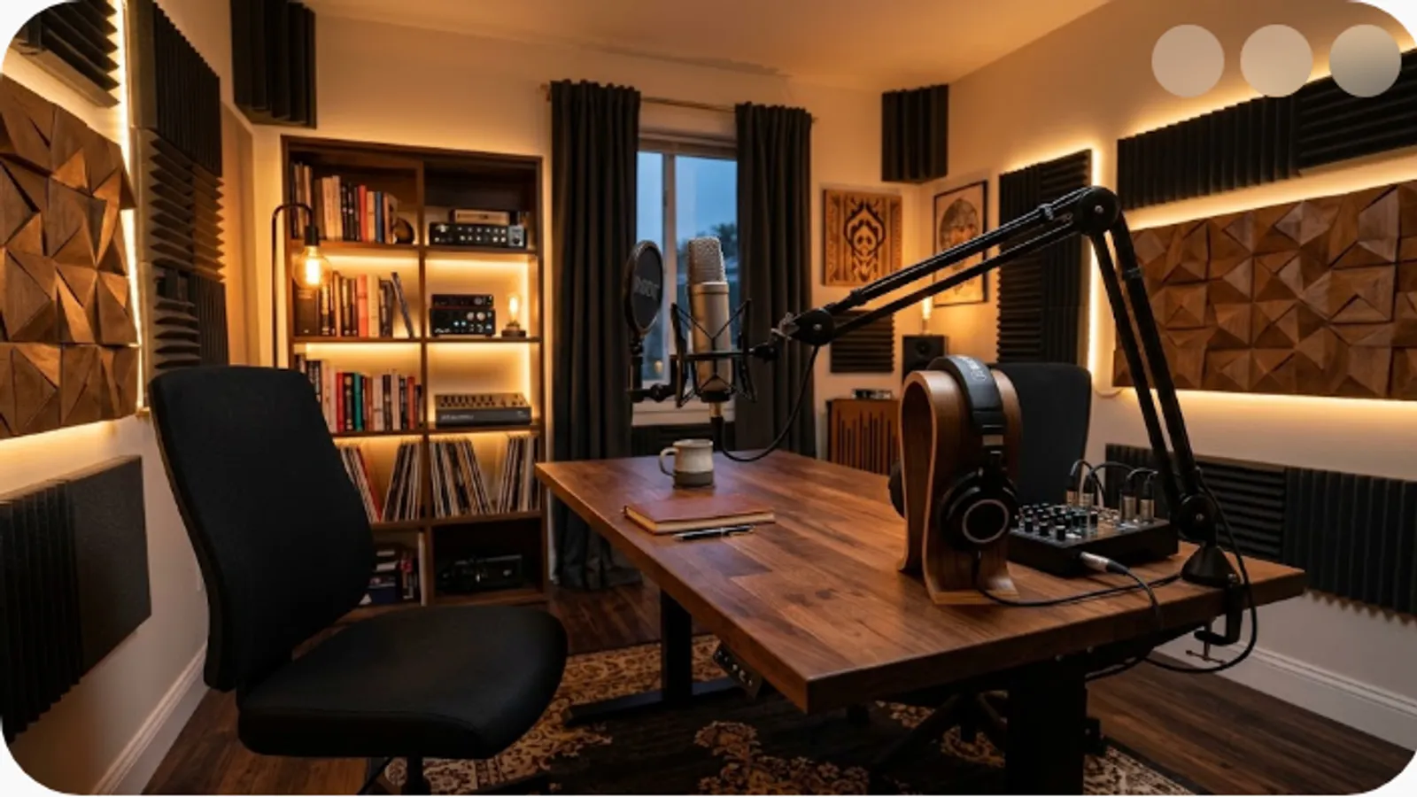 modern podcast studio with a microphone and warm ambient lighting
