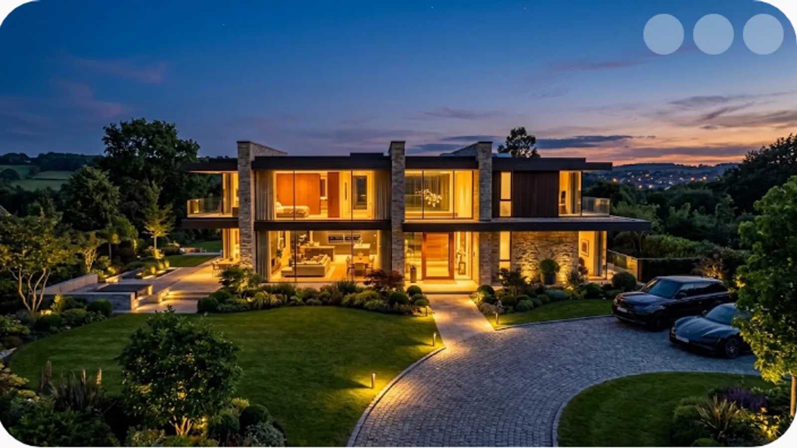 modern luxury house exterior at dusk with warm interior lights and a garden