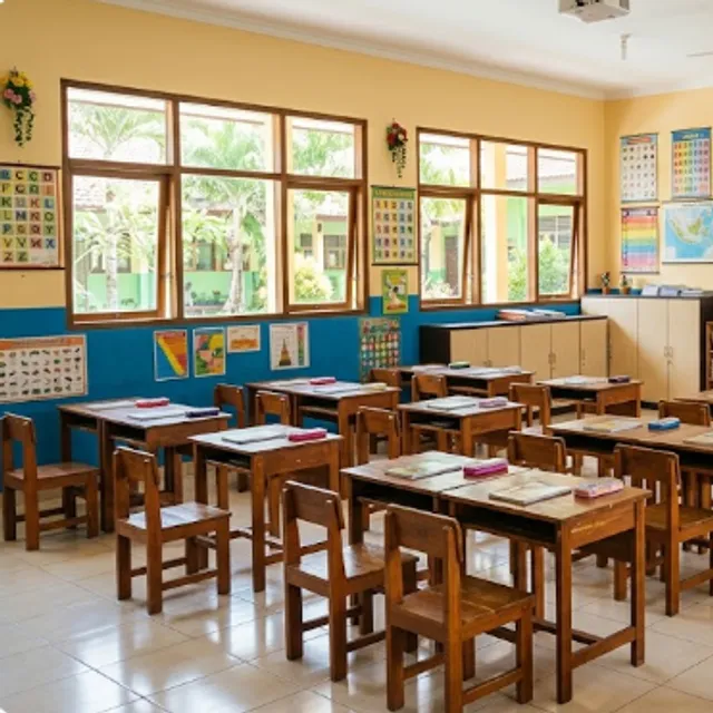 Ruang kelas sekolah dasar yang cerah dengan poster edukatif dan bangku kayu