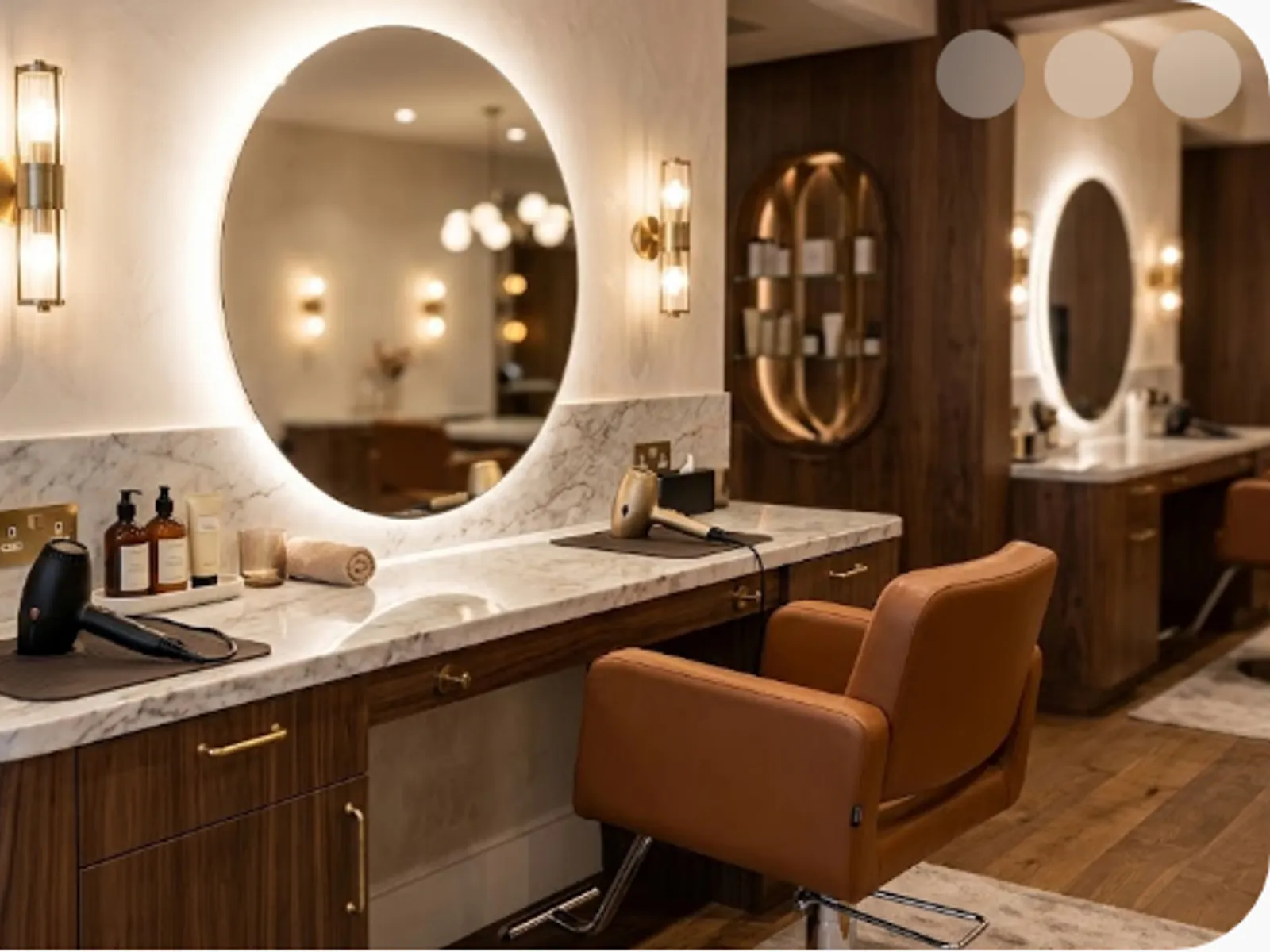 elegant salon styling station with a large round mirror and warm light