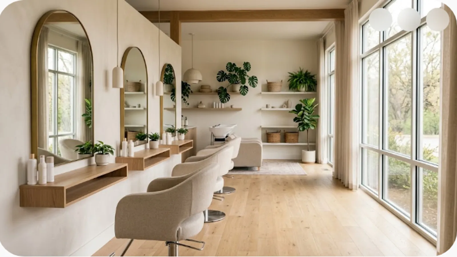 calm modern beauty salon interior with styling stations and soft natural light