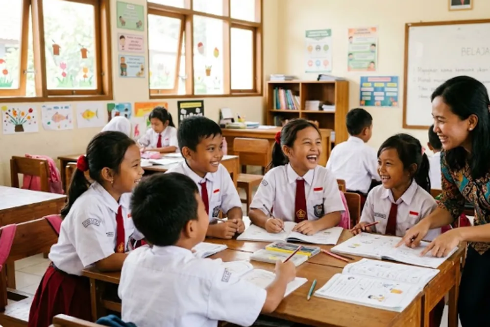 Siswa sekolah dasar berseragam merah putih belajar dengan ceria di kelas bersama guru