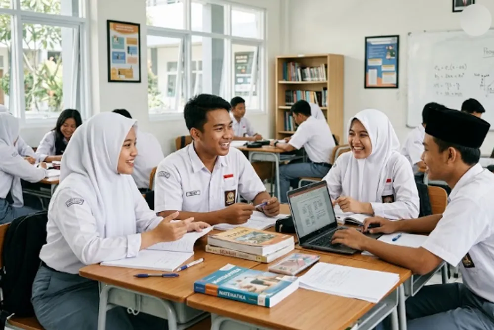 Siswa SMA berseragam abu-abu putih berdiskusi di ruang kelas modern