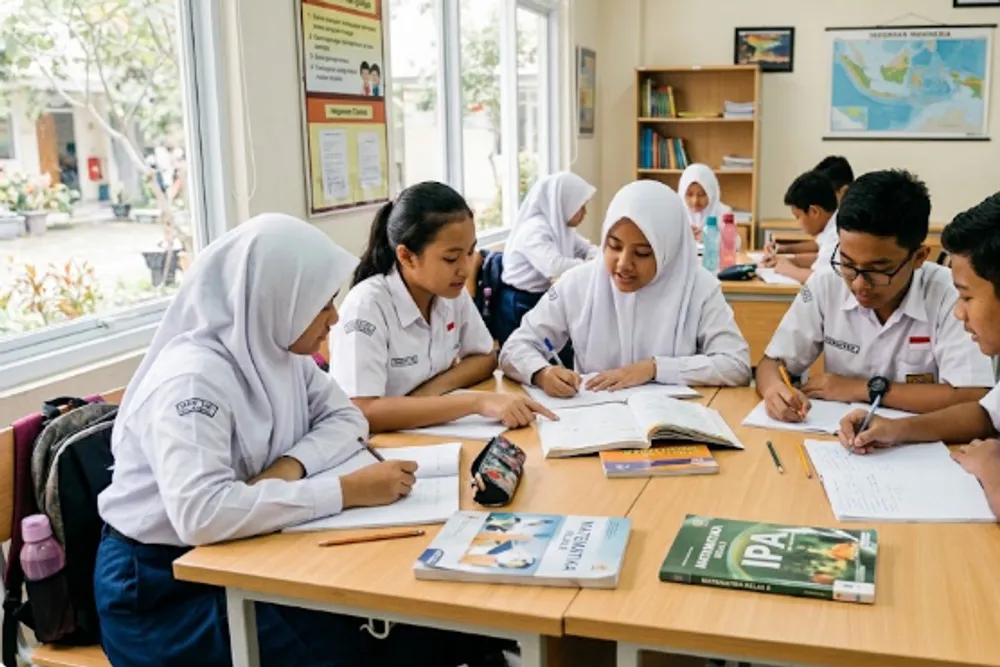 Siswa SMP berseragam biru putih belajar bersama di ruang kelas modern