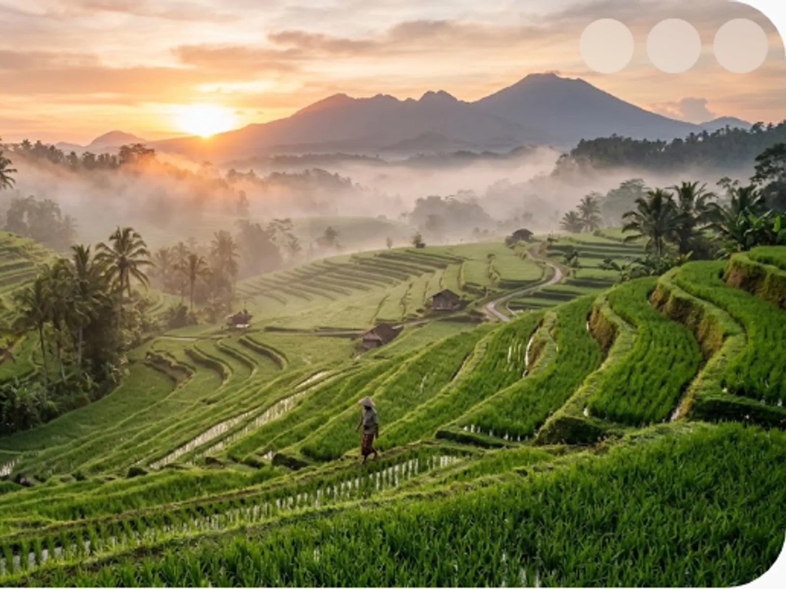 lush green rice terraces at sunrise with morning mist