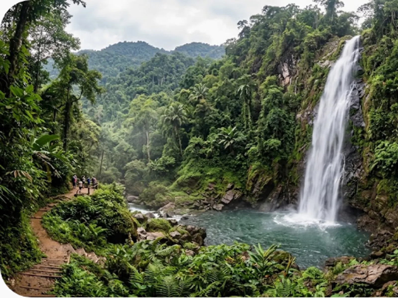 tall jungle waterfall surrounded by rainforest